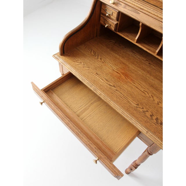 Wood Vintage Oak Roll Top Secretary Desk For Sale - Image 7 of 17