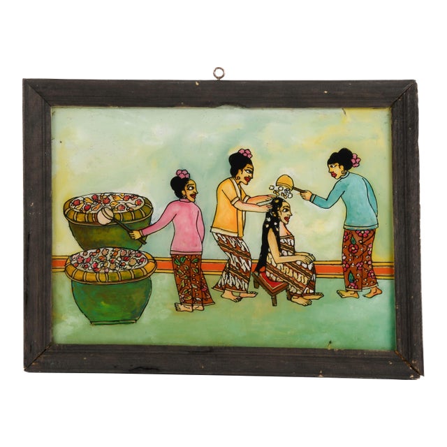 Framed Indonesian Siraman Ritual Reverse Glass Painting For Sale