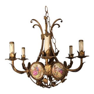 French Gilt Iron Chandelier With Porcelain Genre Scene Panels For Sale