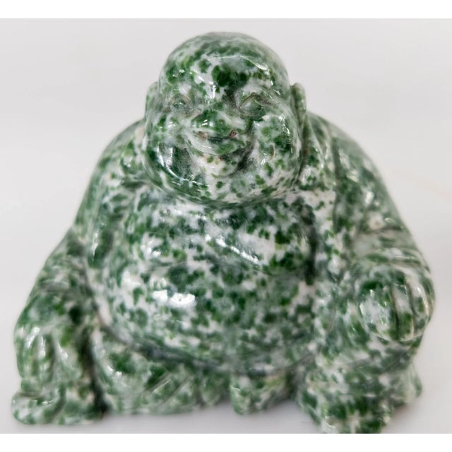 Chinese Carved Mottled Green & White Stone Laughing Buddha Figurine For Sale In New York - Image 6 of 8