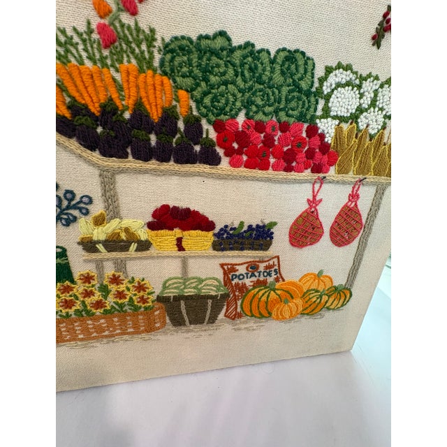 Vintage Nancy Meyers Style Crewel Embroidered Farmers Garden Market Still Life Wall Art For Sale - Image 11 of 14