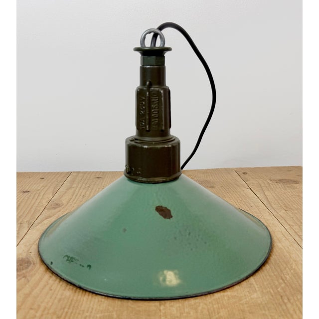 Industrial Petrol Enamel Military Pendant Lamp with Cast Aluminium Top, 1960s For Sale - Image 11 of 18