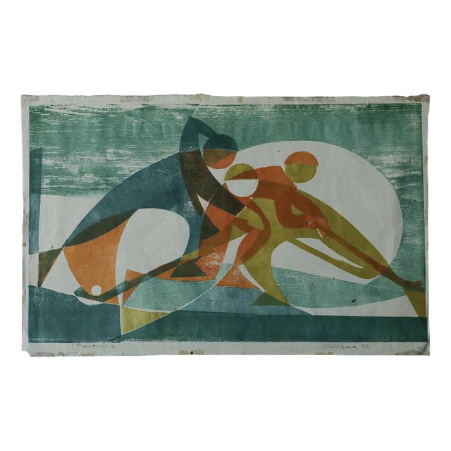 Viking Forsberg, Figures, Colored Woodcut, 1958 For Sale