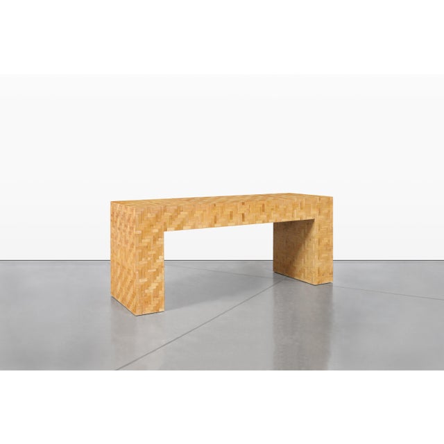 Vintage Postmodern Bamboo Parquet Waterfall Console Table For Sale In Los Angeles - Image 6 of 13