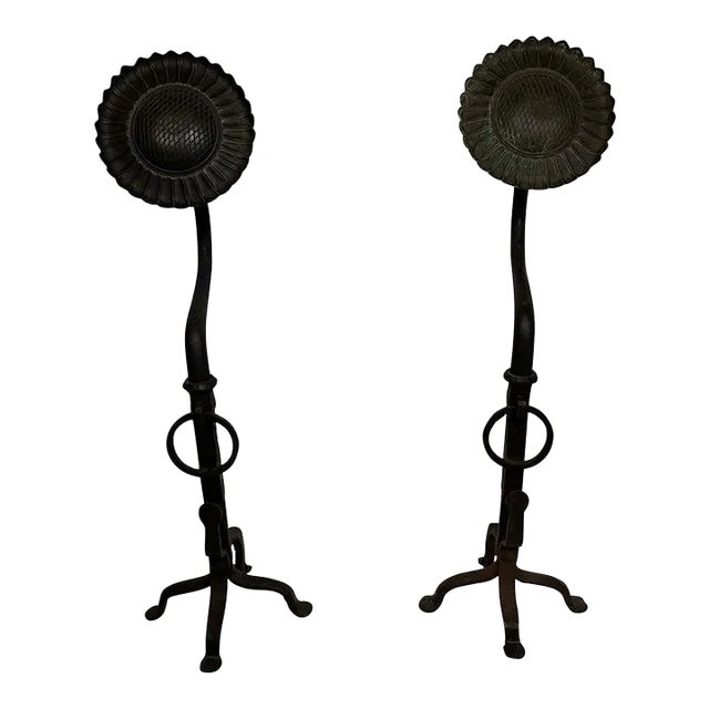 20th Century Oversized Hand Forged Black Wrought Iron Sunflower Andirons - A Pair For Sale