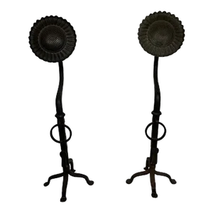 20th Century Oversized Hand Forged Black Wrought Iron Sunflower Andirons - A Pair