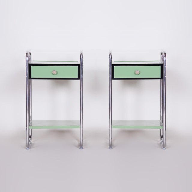 Bauhaus Side Tables in Chrome-Plated Steel and Wood, Czech, 1930s, Set of 2, in Restored conditions. Designed 1920 to 1949