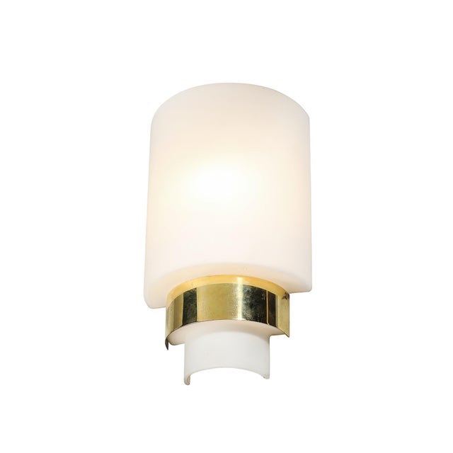Mid-Century Modern Pair of Mid-Century Modernist Minimal Frosted Glass & Brass Sconces For Sale - Image 3 of 13