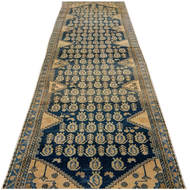Persian 1960s Vintage Persian Distressed Handmade All-Over Blue Wool Runner For Sale - Image 3 of 7