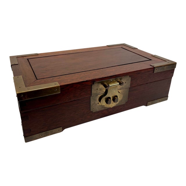 1970s Vintage Chinese Brass Wooden Two Sections Jewelry Box For Sale