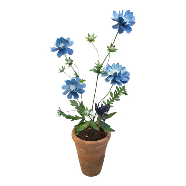 Hand-Crafted Metal Blue Botanical Arrangement in Aged Terracotta Pot For Sale
