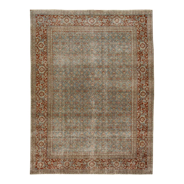 Antique Persian Tabriz Floral Designed Wool Rug in Blue For Sale