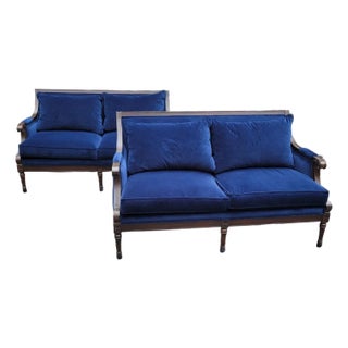 Pair of Ethan Allen Louis XVI–Style Loveseats in Blue Velvet With Carved Walnut Frames For Sale