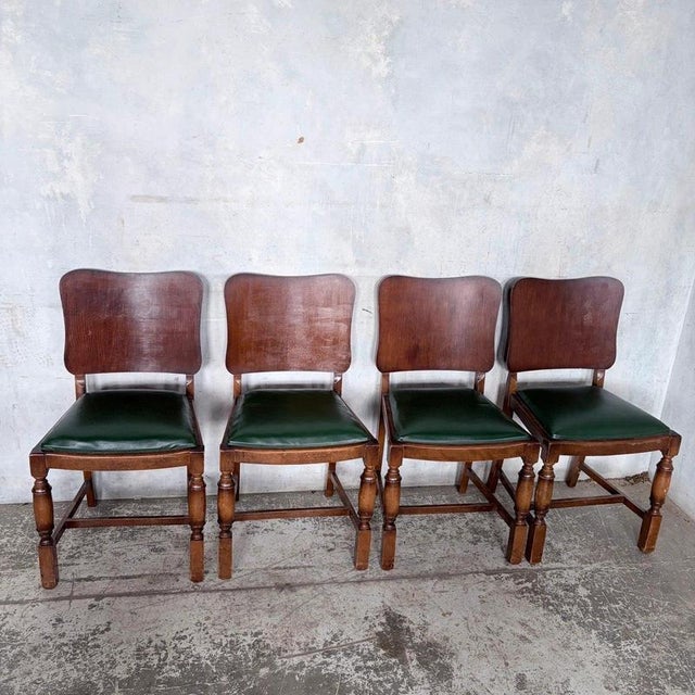 Arts and Crafts Art Deco Oak Dining Chairs with Green Vinyl Seats, Set of 4 For Sale - Image 5 of 9