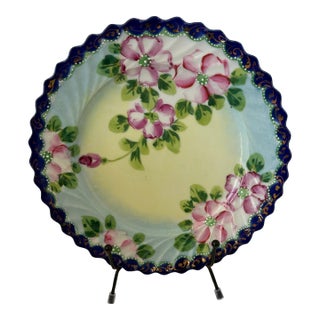 Early 20th Century Hand-Painted Floral Porcelain Cabinet Plate With Cobalt & Gilt Scalloped Rim Victorian Revival For Sale