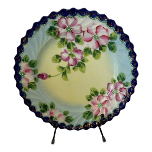Early 20th Century Hand-Painted Floral Porcelain Cabinet Plate With Cobalt & Gilt Scalloped Rim Victorian Revival