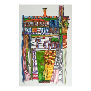 Vintage 1980s Multicolor Abstract Watercolor and Pen Painting