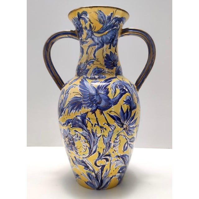 Vintage Handmade Yellow and Blue Glazed Ceramic Amphora Vase by Zulimo Aretini, Italy, 1950s For Sale - Image 4 of 15