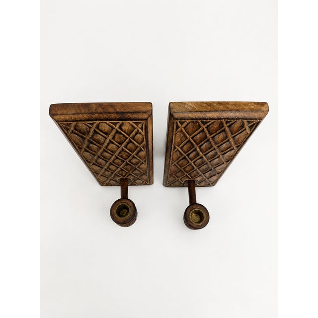1970s Vintage Brutalist Hand-Carved Oak Wall Sconces with Brass and Wrought Iron, 1970s, Set of 2 For Sale - Image 5 of 10