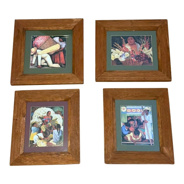 Vintage Mexican Diego Rivera Prints Custom Reclaimed Wood Framed - Set of 4 For Sale