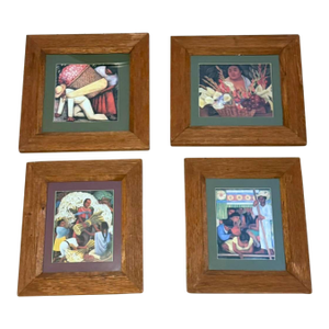 Vintage Mexican Diego Rivera Prints Custom Reclaimed Wood Framed - Set of 4