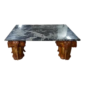 Mid 20th Century Vintage Indian Teak Elephant Base and Granite Top Coffee Table