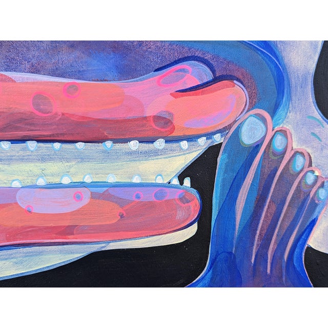 Contemporary pink and blue toned abstract painting by Chicago-based artist Cecilia Beaven. The work features a contorted...