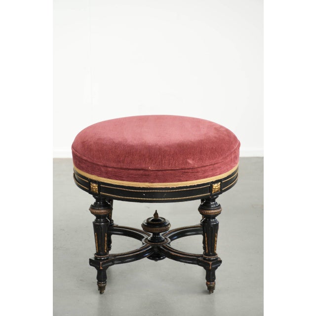 Antique English Stool with Red Fabric Seat and Black Wooden Base with Gold-Colored Details For Sale - Image 5 of 12