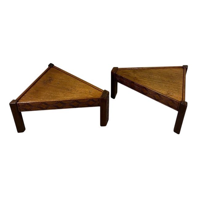 Brutalist Triangular Shaped Oak Coffee Side Tables, 1970s, Set of 2 For Sale