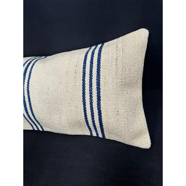 Turkish Hemp Pillow Cushion Natural Beige Blue Cushion Cover 14x45 For Sale - Image 4 of 4