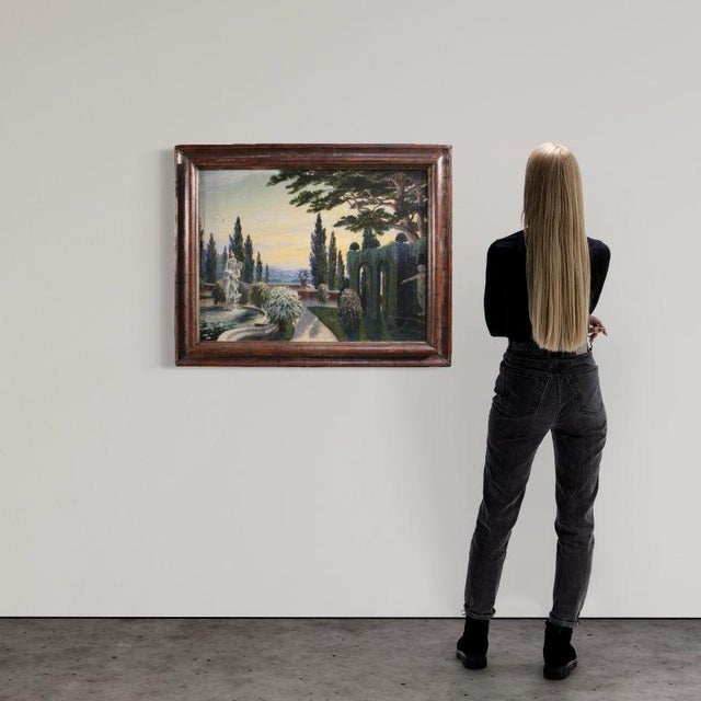 Italian painting from the first half of the 20th century. Oil on canvas, first canvas, depicting an elegant flower garden...