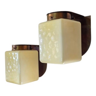 Pair Vintage Art Deco Light Old Lamp Wall Sconces Fixture Brass & Cube Cream Milk Glass Shade Lamp Ship Light For Sale