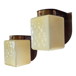 Pair Vintage Art Deco Light Old Lamp Wall Sconces Fixture Brass & Cube Cream Milk Glass Shade Lamp Ship Light