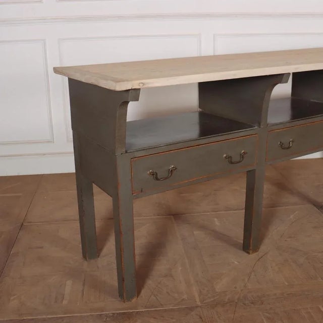 Unusual 19th C English 3 drawer server with wonderful scrubbed pine top. 1860. Dimensions of pigeon holes 27.5" w x 11" h....