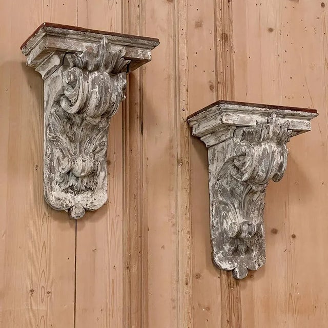 Dove Gray Pair 18th Century French Neoclassical Hand-Carved Painted Wall Sconces ~ Corbels For Sale - Image 8 of 13
