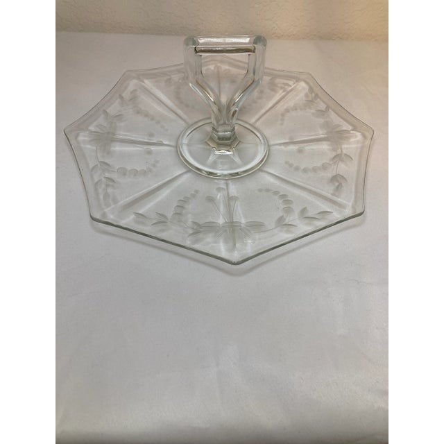 Glass Vintage Octagonal Etched Glass Dessert Tray With Glass Handle For Sale - Image 7 of 7