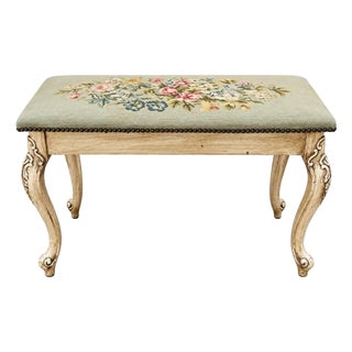 Antique French Louis XV Style Carved Wood Bench With Floral Needlepoint Seat For Sale