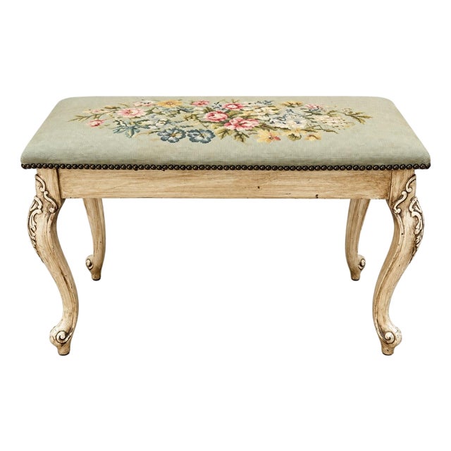 Antique French Louis XV Style Carved Wood Bench With Floral Needlepoint Seat For Sale