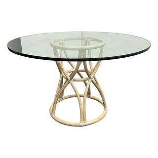 McGuire Furniture Round Rattan Glass Dining Table, Vintage For Sale