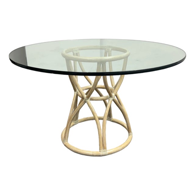 McGuire Furniture Round Rattan Glass Dining Table, Vintage For Sale