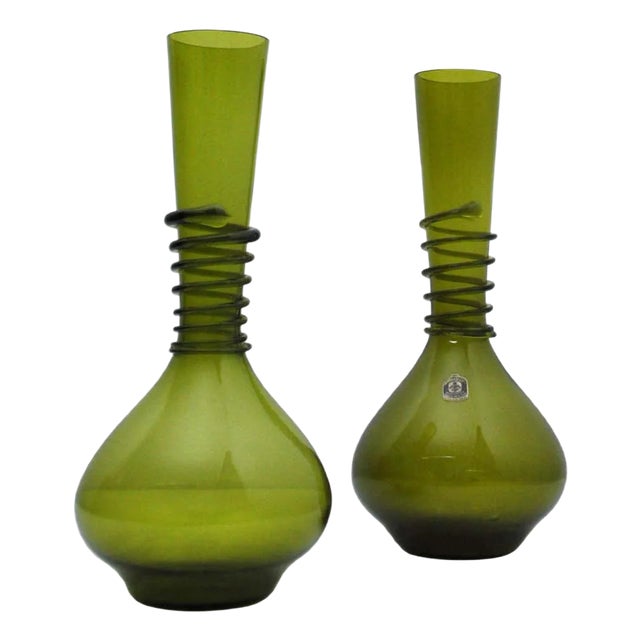 Green Decanter or Vase with Attached Glass Wire by Jacob E. Bang for Holmegaard, Denmark, Set of 2 For Sale