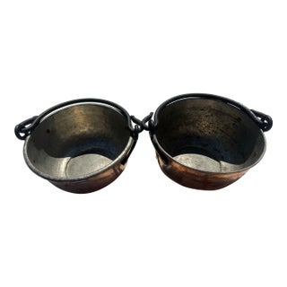 Pair of Antique Hammered Copper Pots /Cauldrons With Iron Handle Planters For Sale