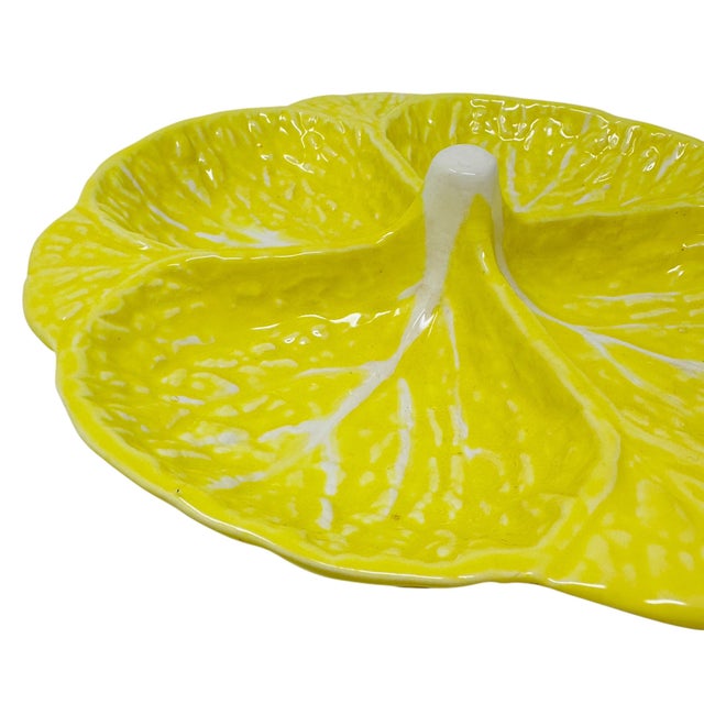 Ceramic Vintage Attributed to Secla Yellow Cabbage Leaf Majolica Divided Serving Dish For Sale - Image 7 of 11