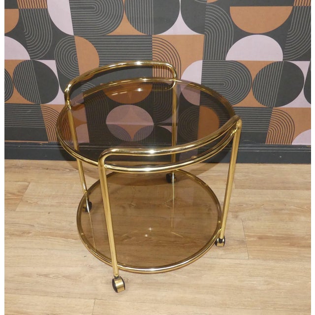 Round Gilt Chrome-Plated and Smoked Glass Serving Trolley, 1970s For Sale - Image 6 of 7