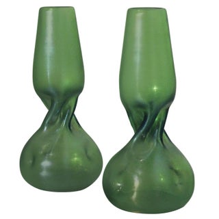 Loetz-Style Green Bohemian Glass Vases - Pair For Sale