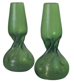 Loetz-Style Green Bohemian Glass Vases - Pair