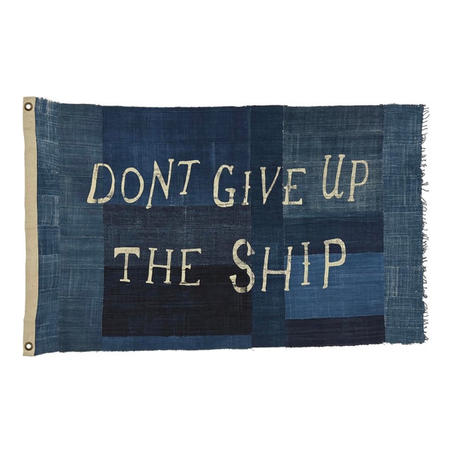 Large Patchwork Indigo Flag, Don't Give Up the Ship, Unique For Sale
