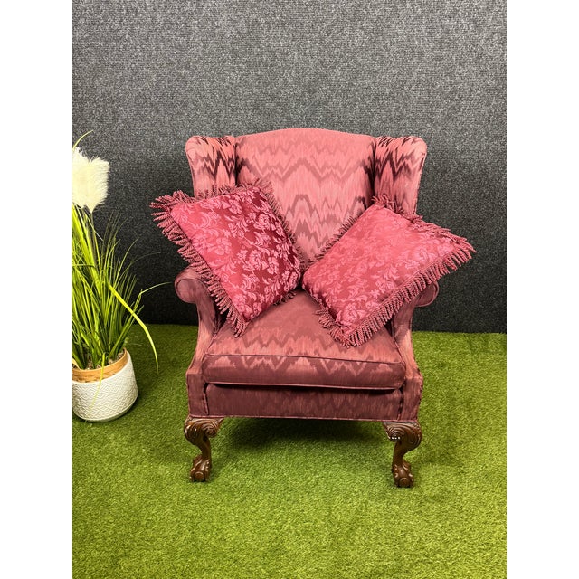 American Vintage "Custom Built" American of High Point Damask Wingback Chair For Sale - Image 3 of 7