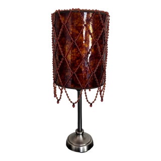 Vintage Brown Mica Drum Beaded Boudoir Parlor Lamp Shade For Sale