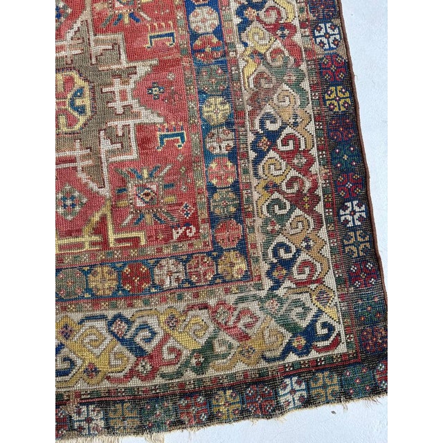 Antique Caucasian Leshgi Star with KINTSUGI Repairs Rug 3.8 x 5.6 For Sale - Image 4 of 11